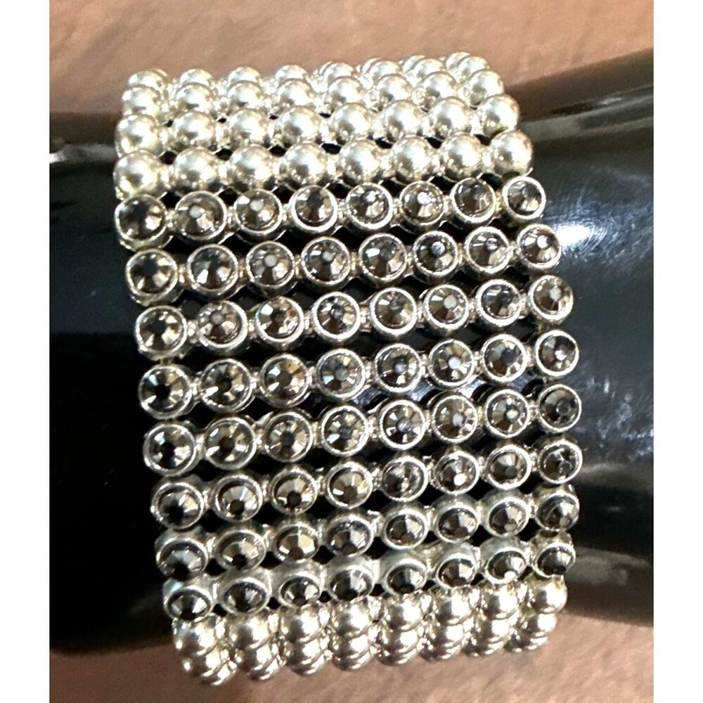 Silver Tone Smoky Rhinestone and Bead Wide Stretch Bracelet For Women Y2K